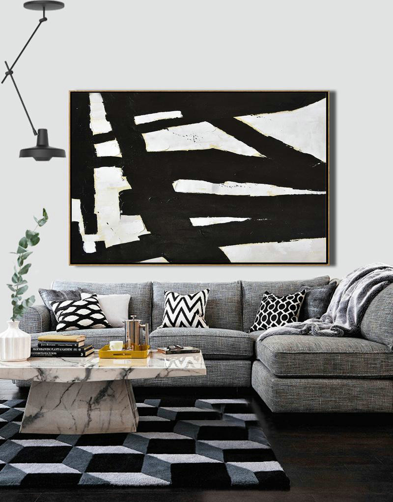 Hand Made Original Art,Horizontal Palette Knife Minimal Canvas Art Painting Black White Beige - Hand Paint Large Clean Modern Art